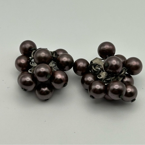 Vintage Brown Bronze Cluster Bobble Dangle Large Clip On Earrings - Picture 3 of 6